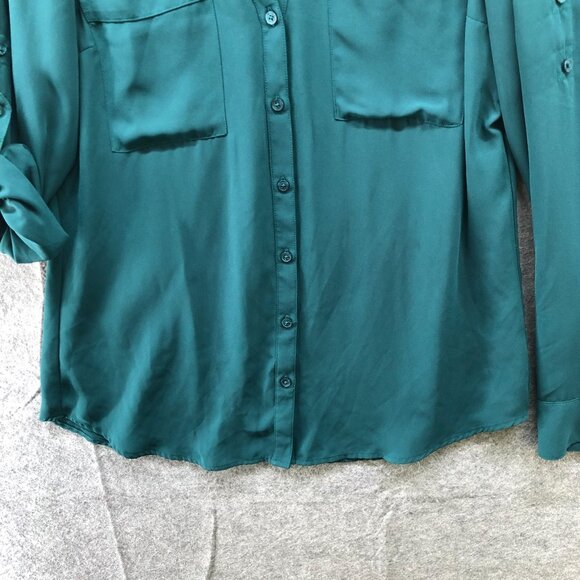 Express Portofino Shirt Womens M Emerald Green Chiffon Roll Tab Sleeve - Picture 4 of 9